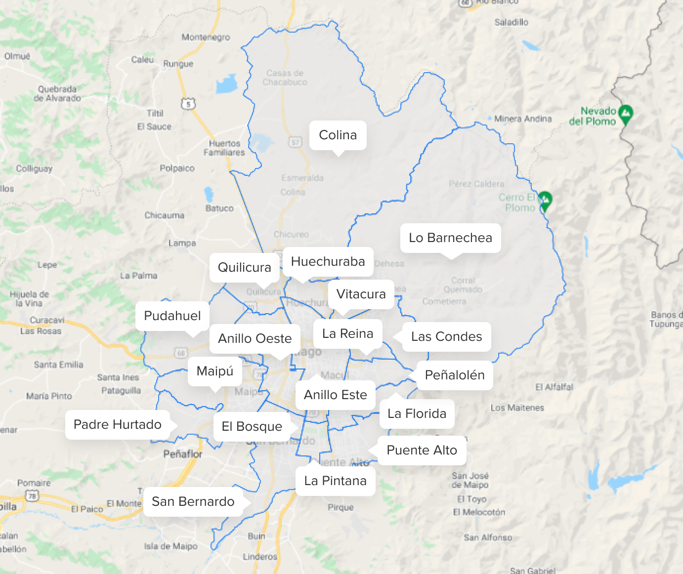 Mapa de zonas de cobertura Mercado Envíos Flex Santiago de Chile